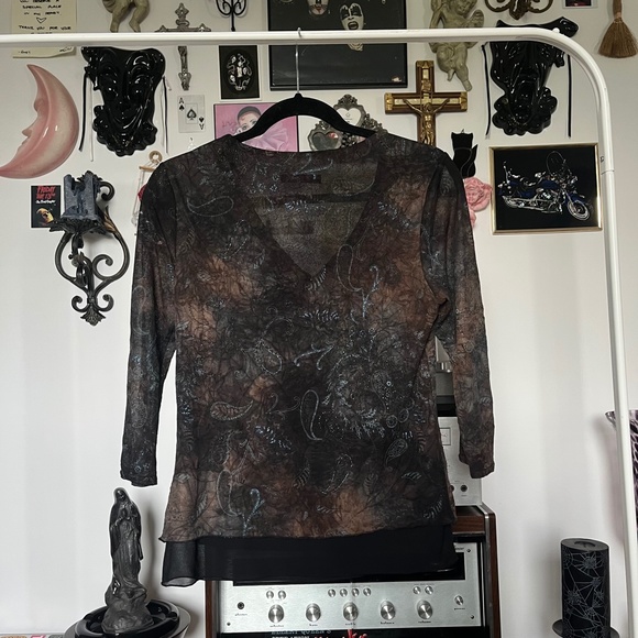 90s Whimsigoth Sheer Fairy Brown Blue Sparkle Top Vintage - Picture 6 of 6